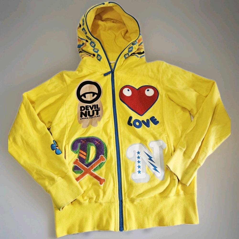 Vintage Devil Nut Full Zip Hoodie Jacket Woman Size L Yellow Embroidered